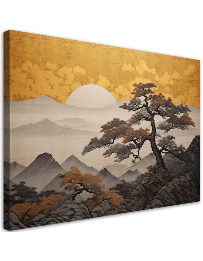 Bild - Japanische Landschaft auf goldenem Hintergrund | Feeby