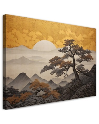 Wall canvas print - Japanese landscape on a golden background | FEEBY