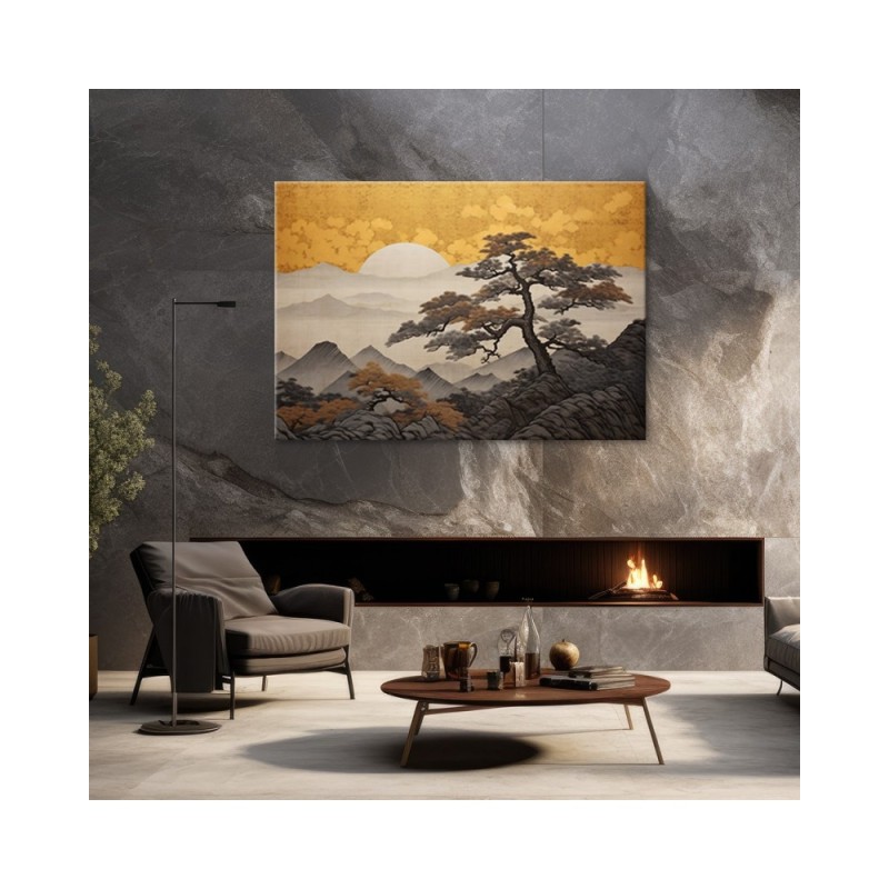 Bild - Japanische Landschaft auf goldenem Hintergrund | Feeby