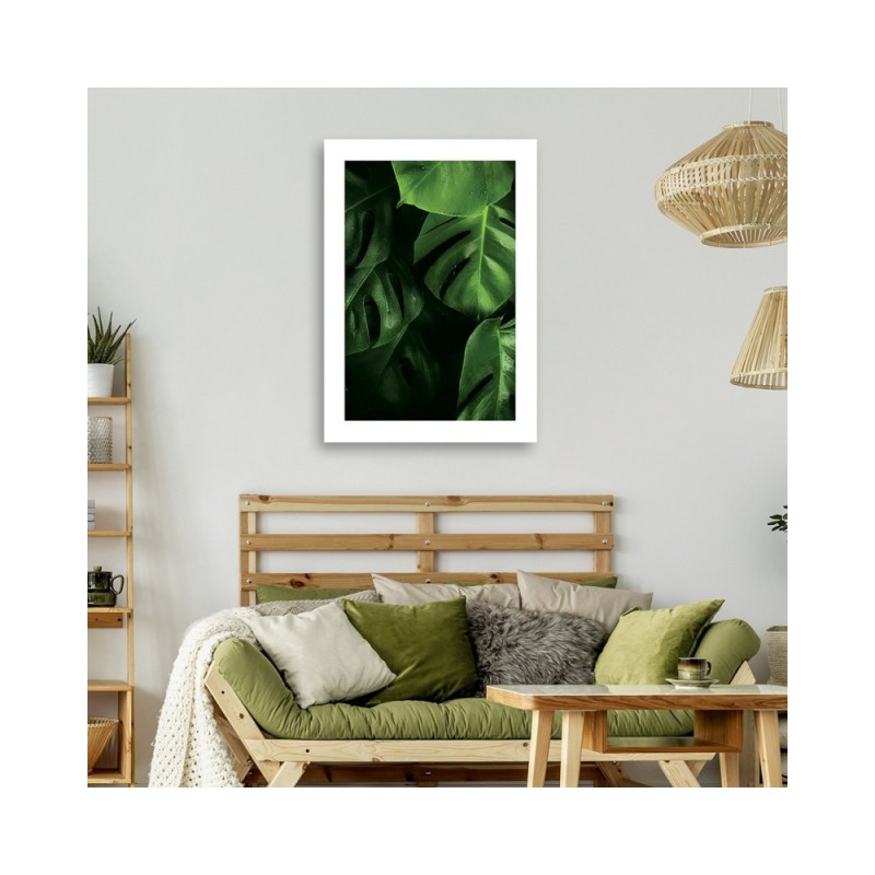 Leinwandbild modern - Tautropfen auf Monstera-Blättern | Feeby
