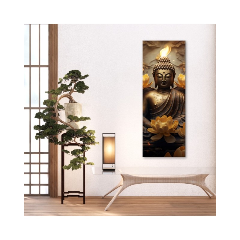 Dekoratives Leinwandbild - Goldener Buddha und Blumen | Feeby