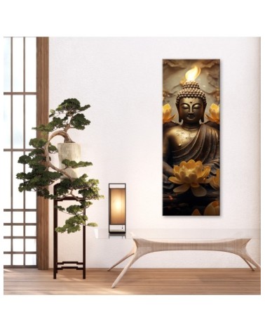Dekoratives Leinwandbild - Goldener Buddha und Blumen | Feeby