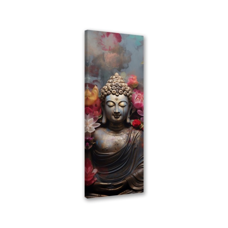Leinwandbild - Buddha-Statue mit Blumen | Feeby