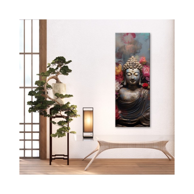 Leinwandbild - Buddha-Statue mit Blumen | Feeby