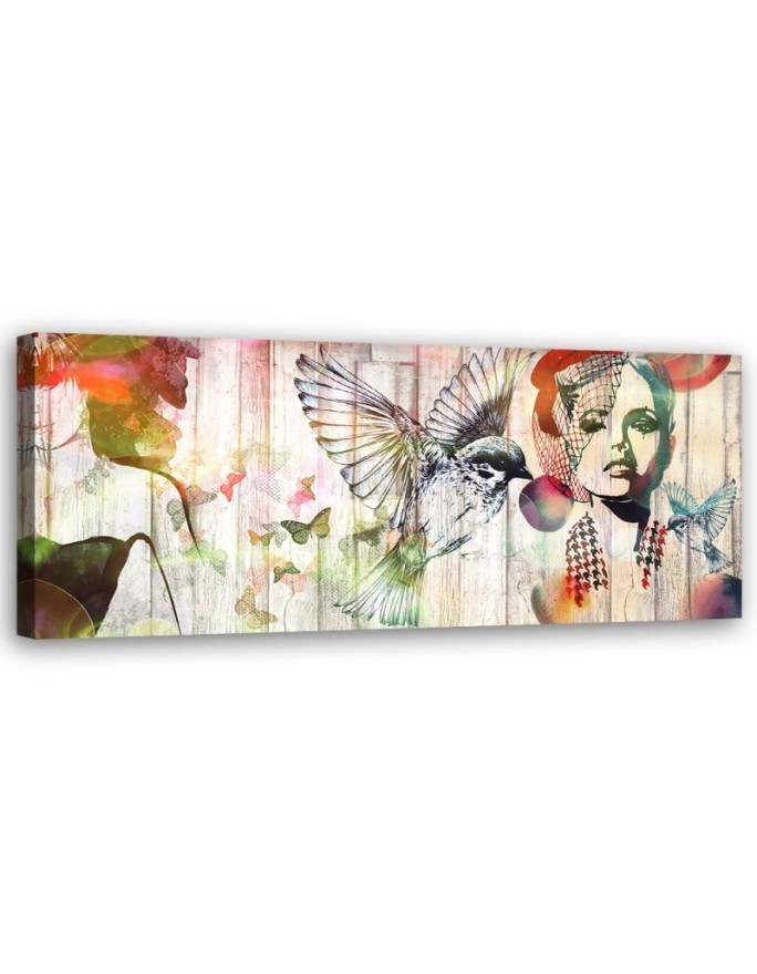Bild auf Leinwand - Frau Vögel und Schmetterlinge | Feeby