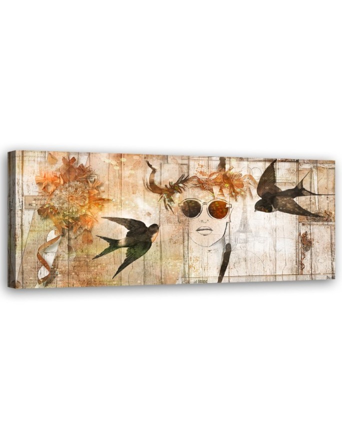 Dekoratives Leinwandbild - Frauengesicht und Vögel | Feeby