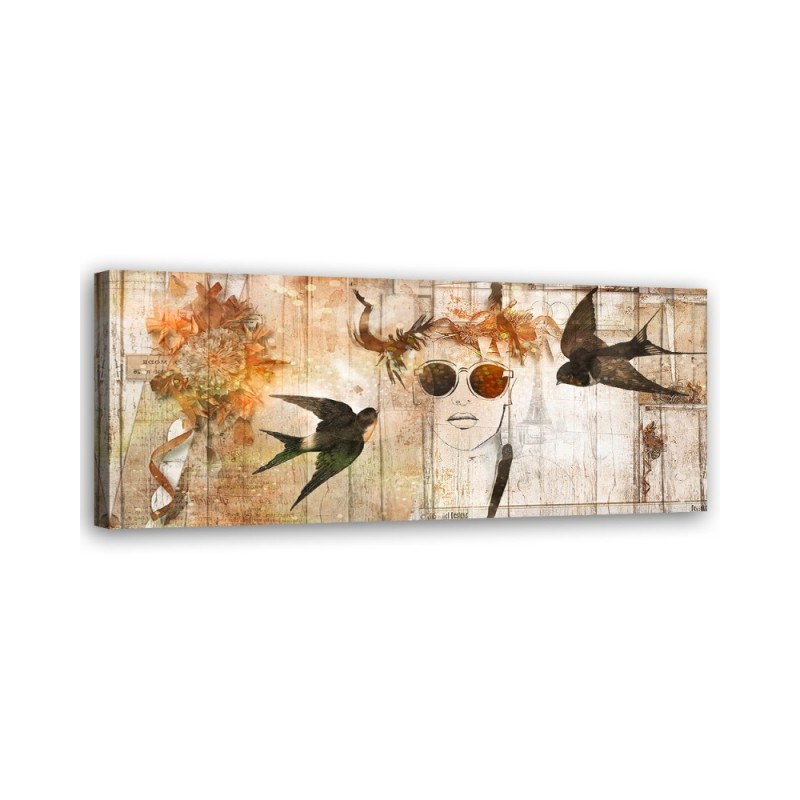 Dekoratives Leinwandbild - Frauengesicht und Vögel | Feeby