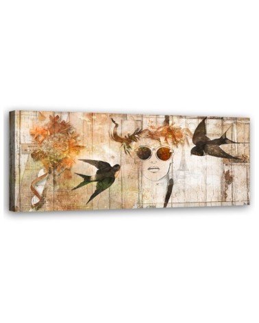 Dekoratives Leinwandbild - Frauengesicht und Vögel | Feeby