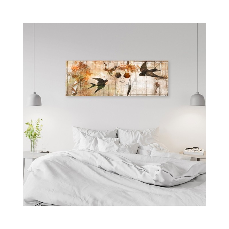 Dekoratives Leinwandbild - Frauengesicht und Vögel | Feeby