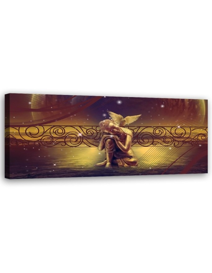 Modernes Wandbild - Goldener Buddha und Vogel | Feeby