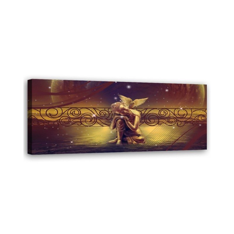 Modernes Wandbild - Goldener Buddha und Vogel | Feeby