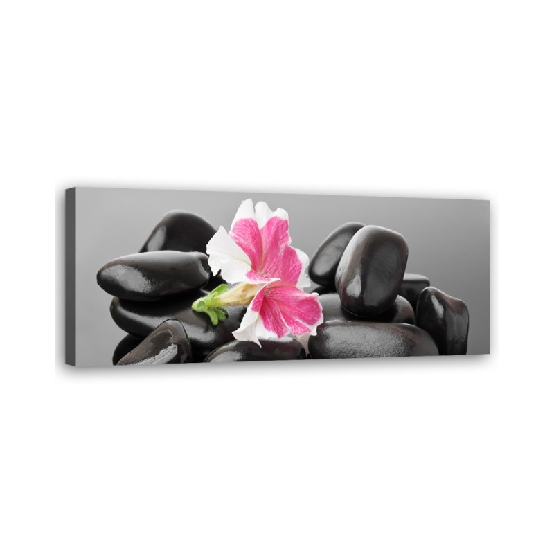 Leinwandbild - Blume und dunkle Zen-Steine | Feeby