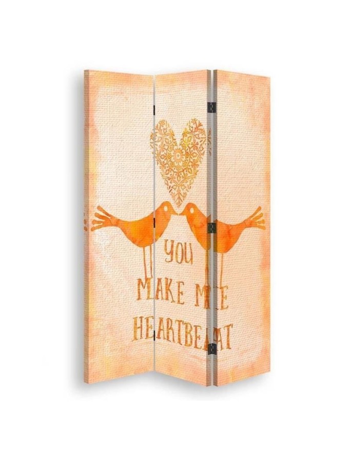 Parawan Dwa ptaki na pomarańczowym tle, napis You Make Me Heartbeat - Andrea Haase - Feeby.pl