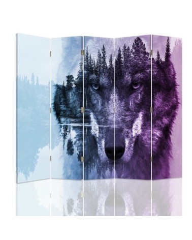 Decorative screen - Wolf against a forest in purples | FEEBY
