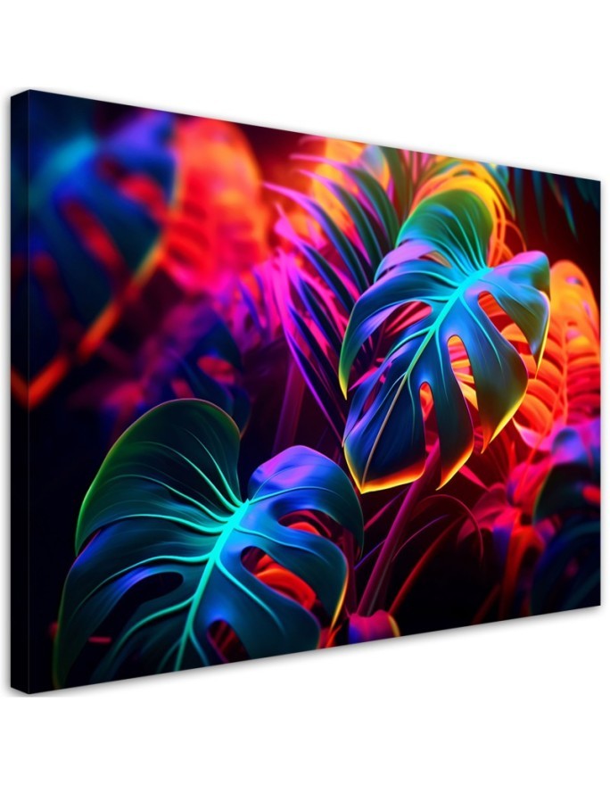 Obraz do salonu - Liście monstera w neonowych barwach | Feeby.pl