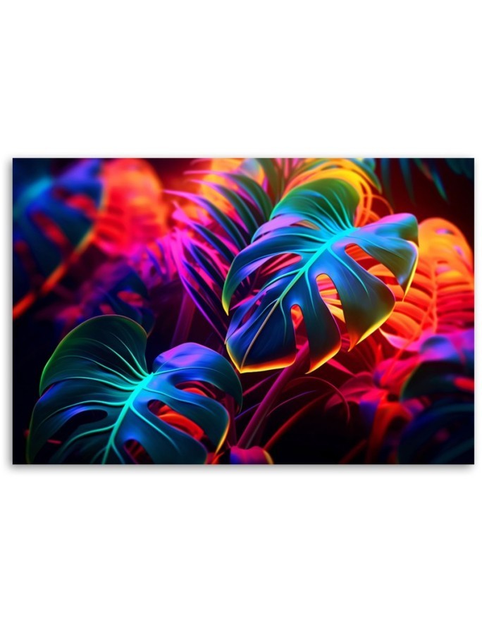 Obraz do salonu - Liście monstera w neonowych barwach | Feeby.pl