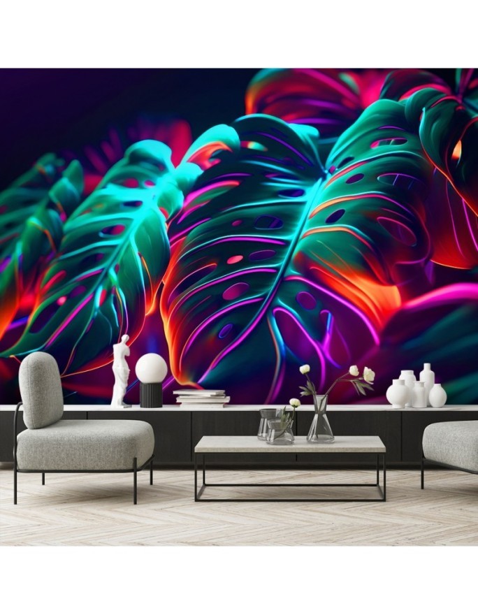 Modern wallpaper - Monstera leaves in futuristic style | FEEBY