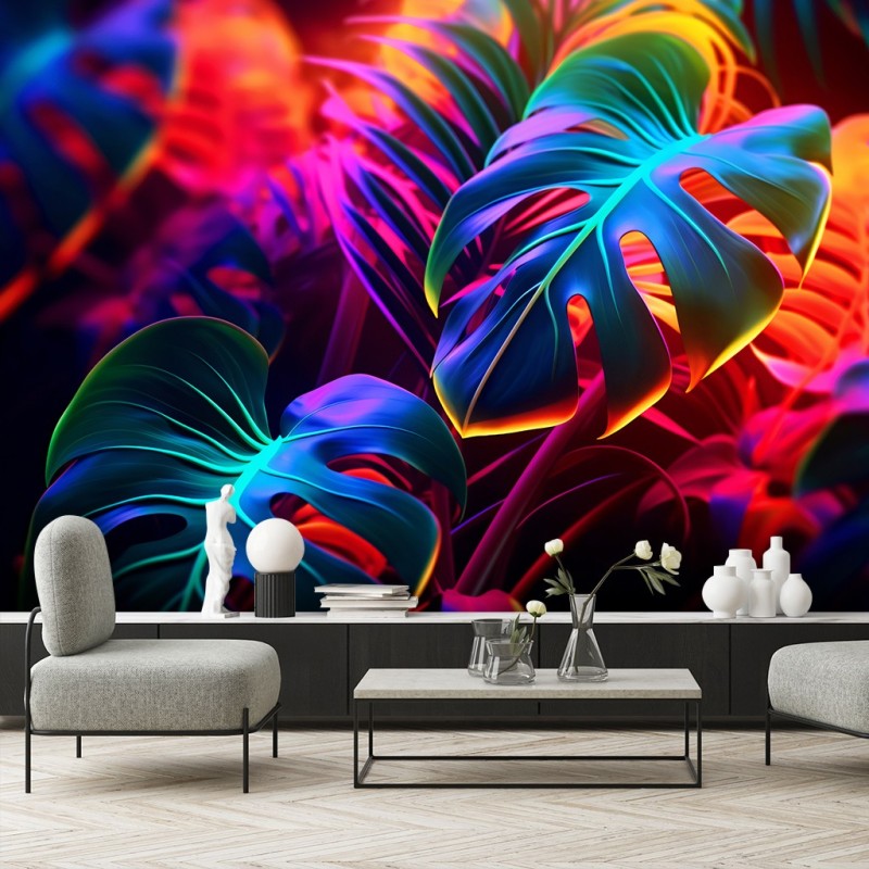 Modische Fototapete - Monstera-Blätter in Neonfarben | Feeby