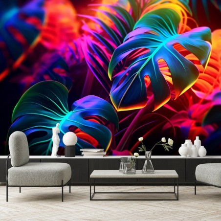 Modische Fototapete - Monstera-Blätter in Neonfarben | Feeby