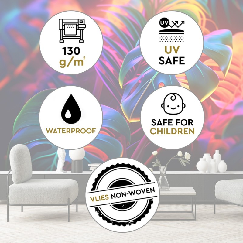 Modische Fototapete - Monstera-Blätter in Neonfarben | Feeby