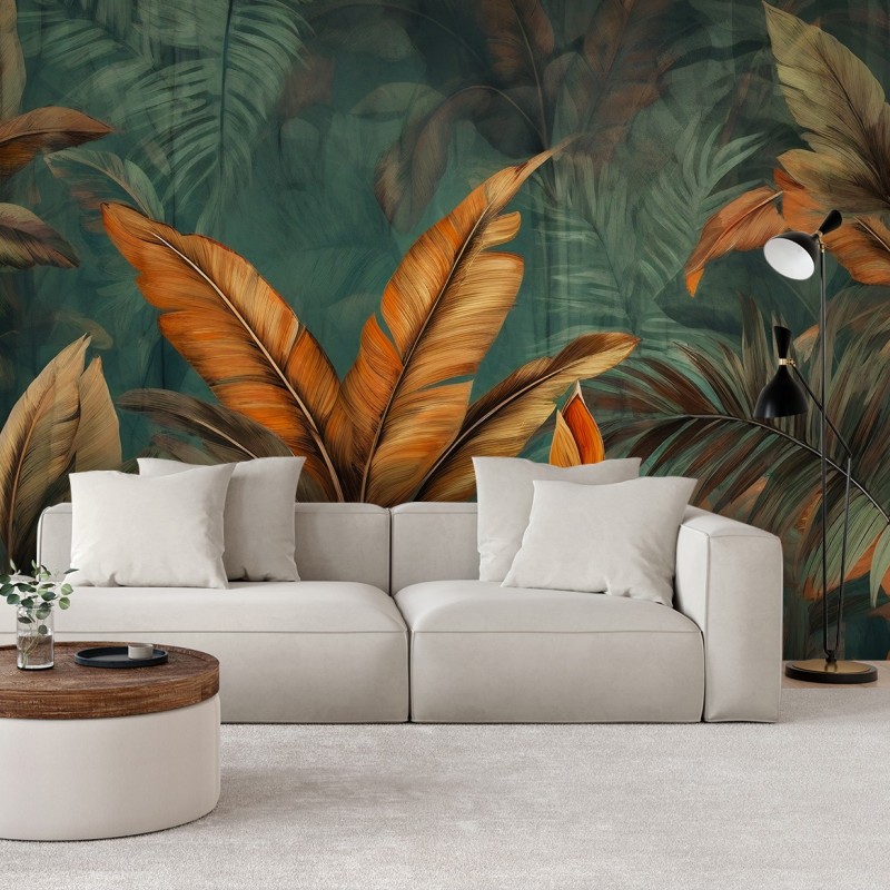 Modische Fototapete - Tropische Blätter Blumen | Feeby