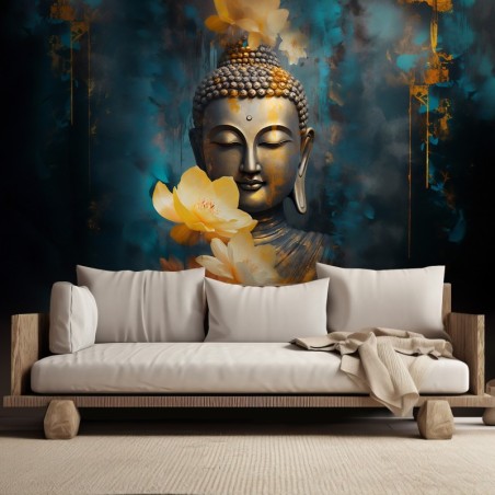 Moderne Fototapete - Buddha und goldene Blumen | Feeby
