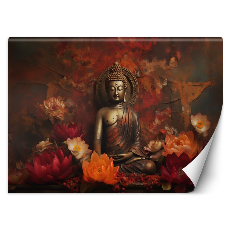 Fototapete - Meditierender Buddha und farbige Blumen | Feeby