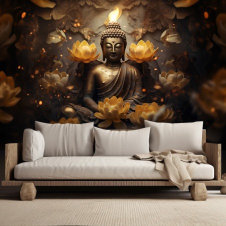 Fototapete - Goldener Buddha und Lotosblumen | Feeby