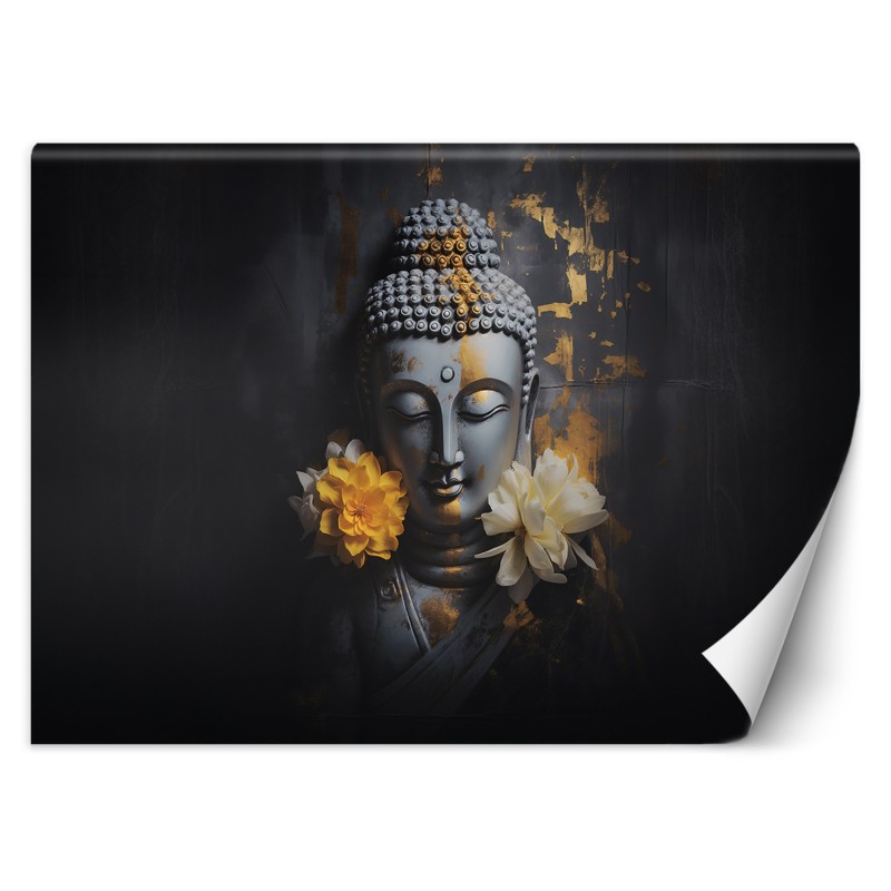 Stilvolle Fototapete - Grauer Buddha und Blumen | Feeby