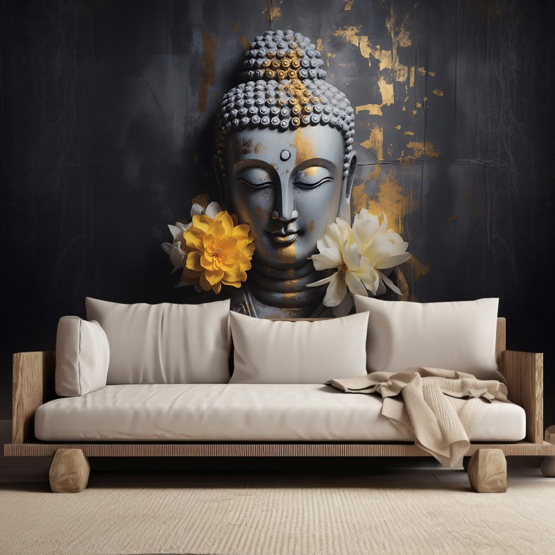 Stilvolle Fototapete - Grauer Buddha und Blumen | Feeby