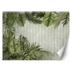 Fototapete - Exotische Blätter auf einem Hintergrund aus Brettern | Feeby