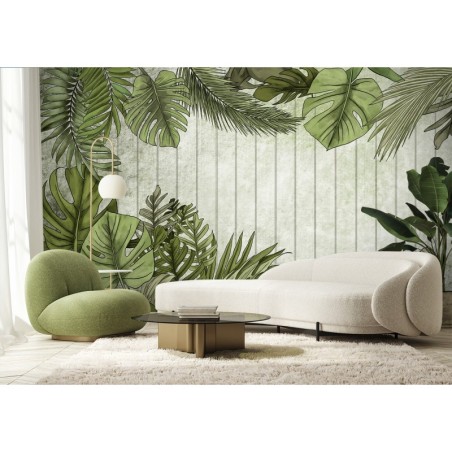 Fototapete - Exotische Blätter auf einem Hintergrund aus Brettern | Feeby