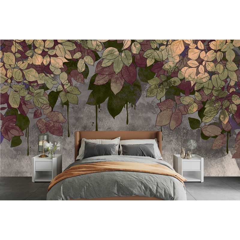 Fototapete - Blätter auf Beton | Feeby