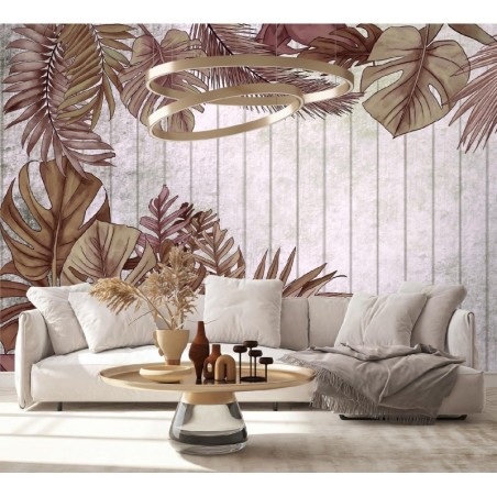 Fototapete - Exotische Blätter auf einem Hintergrund aus hellen Brettern | Feeby