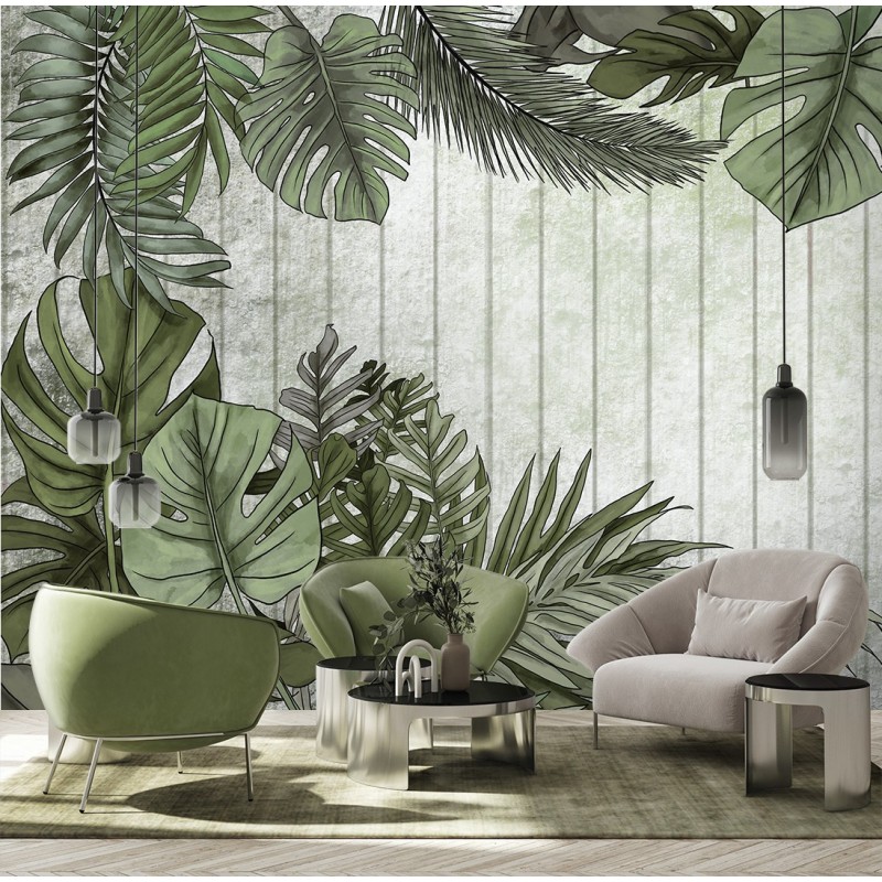 Nowoczesna fototapeta na ścianę - Egzotyczne liście monstery na tle z desek | FEEBY