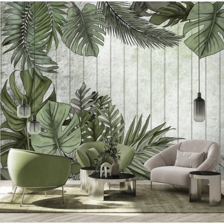 Nowoczesna fototapeta na ścianę - Egzotyczne liście monstery na tle z desek | FEEBY