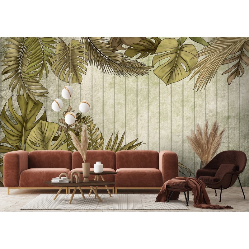 Fototapete - Tropische Blätter auf einem Hintergrund aus Brettern | Feeby