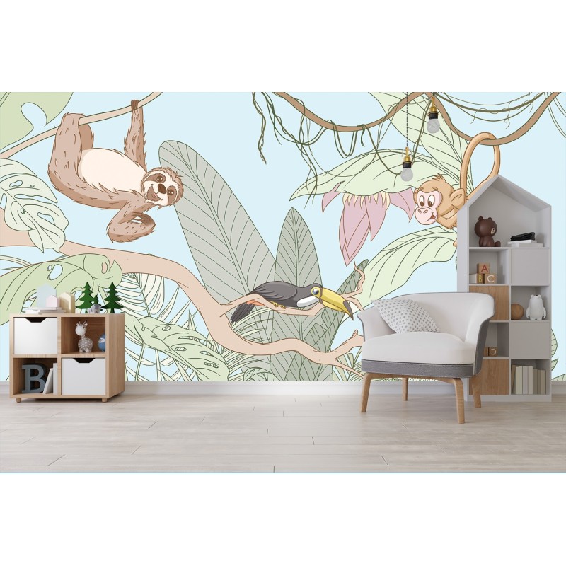 Fototapeta dla dzieci - Tropikalne pastelowe zwierzęta w dżungli | FEEBY