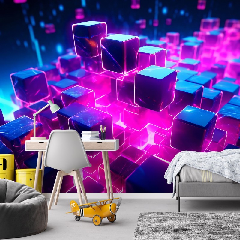 Moderne Fototapete - Neon Würfel abstrakt 3D | Feeby