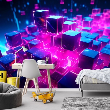 Moderne Fototapete - Neon Würfel abstrakt 3D | Feeby