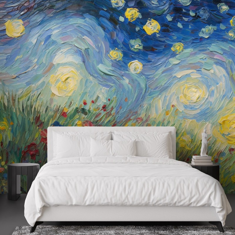 Fototapeta do sypialni - Gwiaździsta noc na łące - V. van Gogh | FEEBY