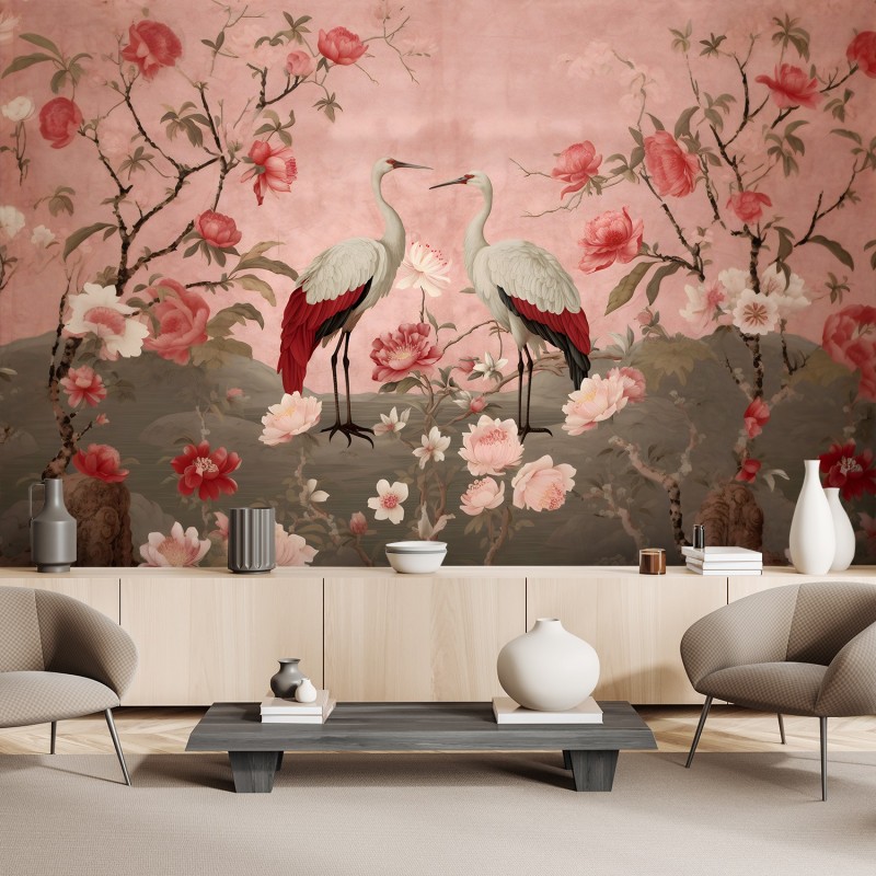 Moderne Fototapete - Blumen und Vögel Chinoiserie | Feeby