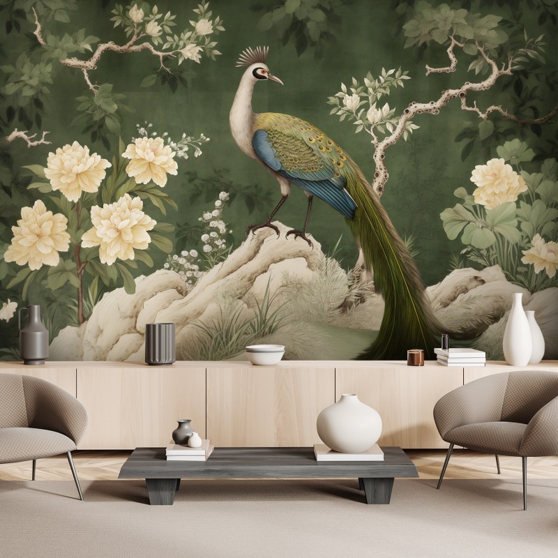 Modische Fototapete - Orientalischer grüner Pfau | Feeby