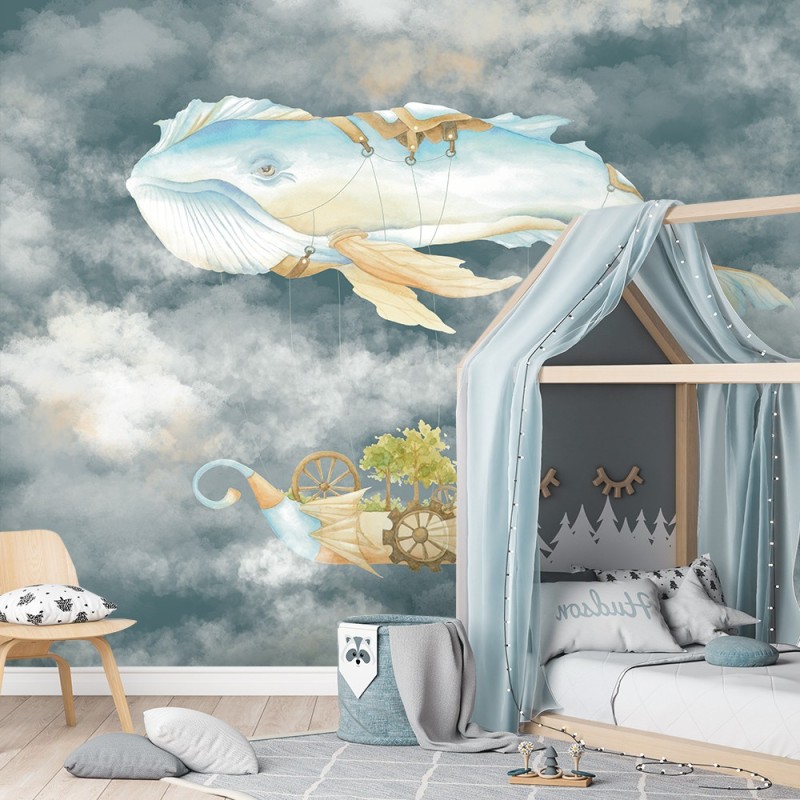 Modische Fototapete - Fliegender Wal und Schiff | Feeby