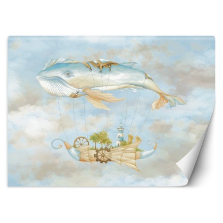 Fototapete - Fliegender Wal und Schiff Blau | Feeby