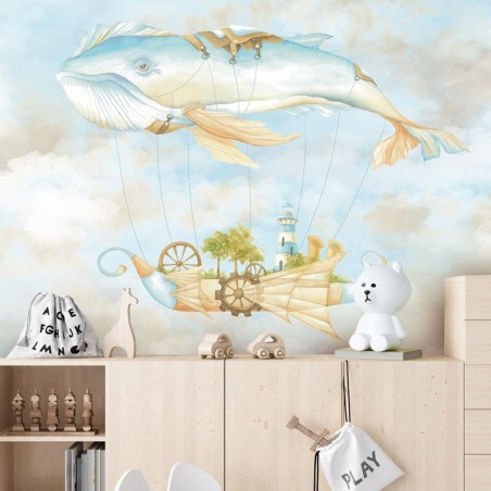 Fototapete - Fliegender Wal und Schiff Blau | Feeby