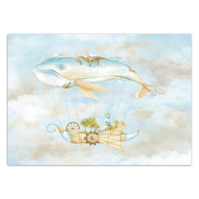 Fototapete - Fliegender Wal und Schiff Blau | Feeby