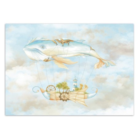 Fototapete - Fliegender Wal und Schiff Blau | Feeby