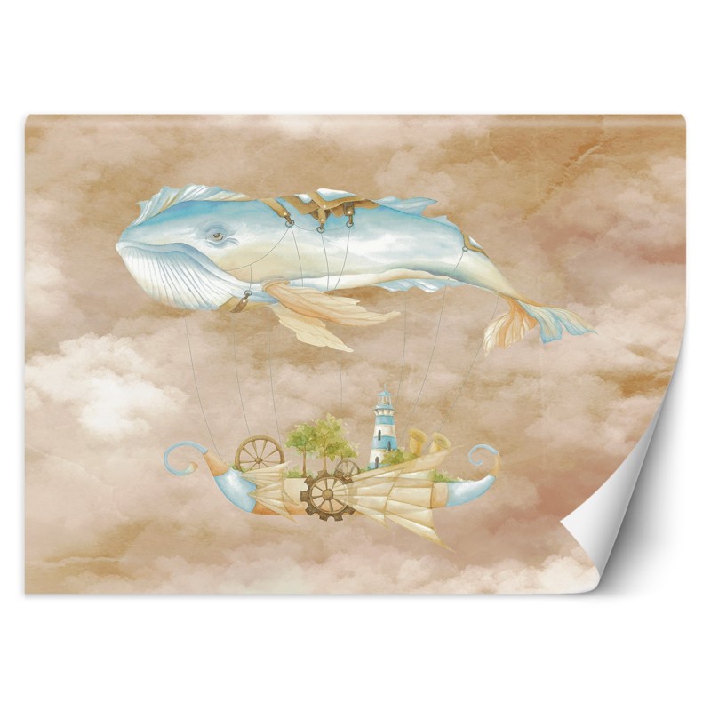Fototapete - Fliegender Wal und Schiff Blau Beige | Feeby