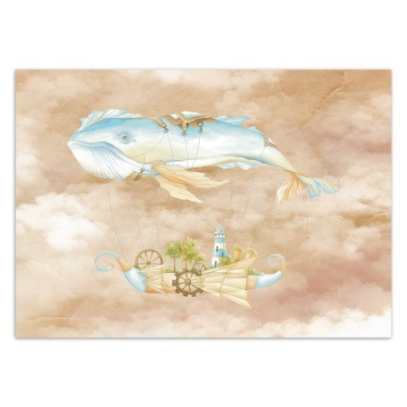 Fototapete - Fliegender Wal und Schiff Blau Beige | Feeby